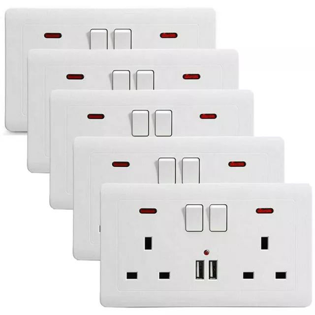 1-5x Double Wall Plug Socket 2 Gang 13A w/2 Charger USB Ports Outlets Flat Plate