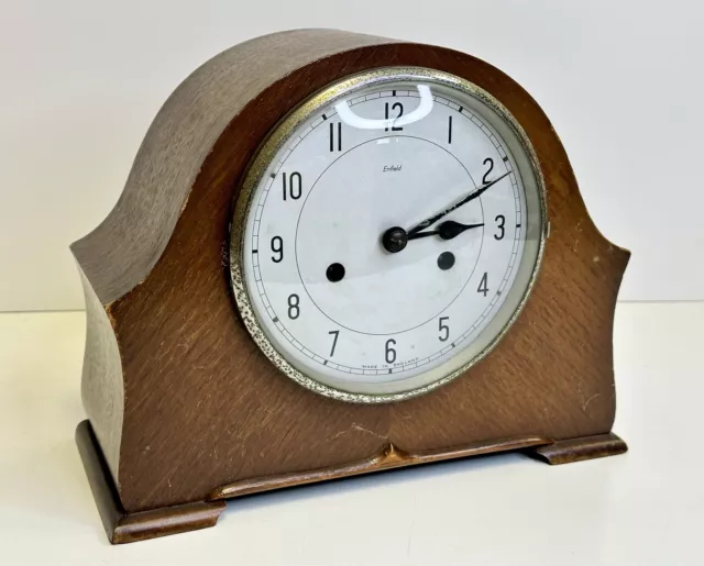 Enfield Wooden Mantle Piece Clock Vintage & Key. Not Working For Restoration