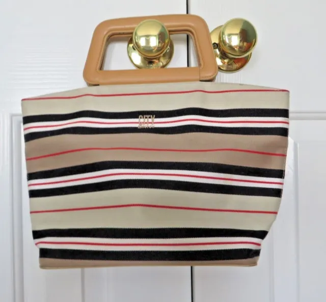 DKNY City Multi-Colored Beige Navy Striped Shopper Beach Handbag Purse Leather