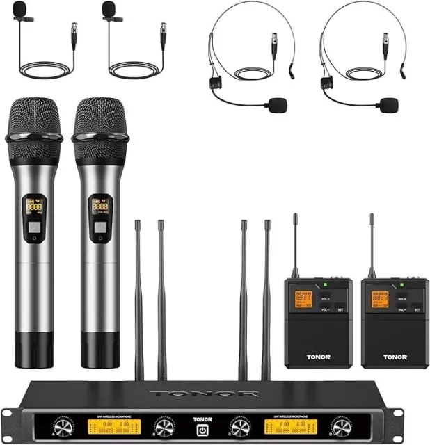 TONOR Sistema microfonico wireless UHF a 4 canali