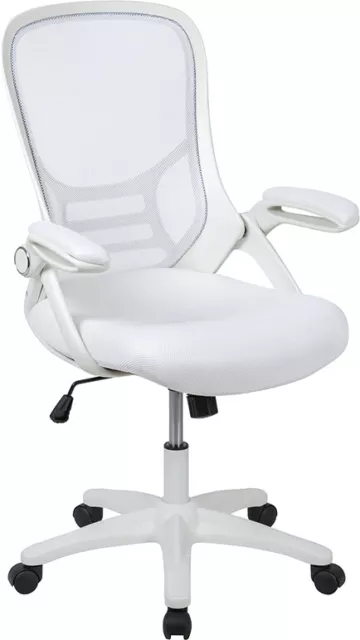 High Back White Mesh Ergonomic Swivel Office Chair w/ White Frame & Flip-up Arms