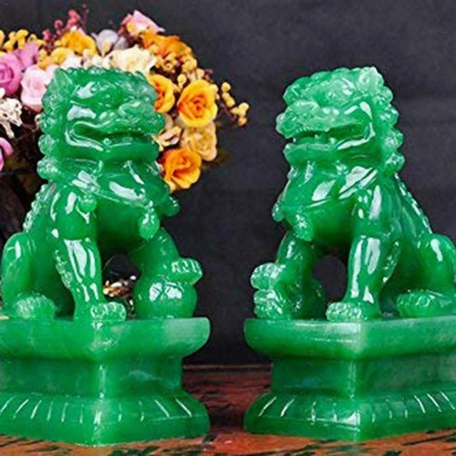 2Pcs FENG SHUI EXQUISITE A PAIR GREEN JADE FOO FU DOG Guardian Door Lion China