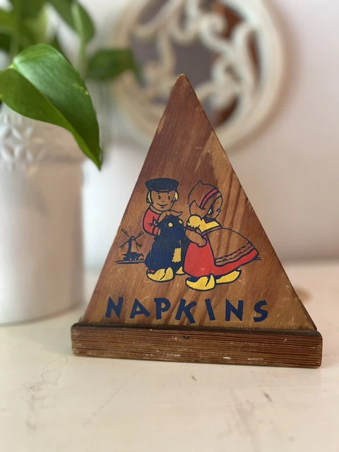 Vintage Wooden Napkin Holder With Unique Shape. Dutch Boy And Girl Art. MCM