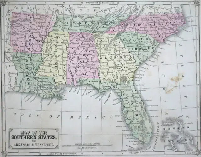 Old 1860 H. Cowperthwait Map ~ SOUTHEASTERN UNITED STATES ~ Free S&H ~ Inv#70