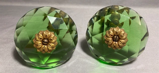 Antique Emerald Green Glass Faceted Drapery Curtain Tie Backs Pull REDUCED