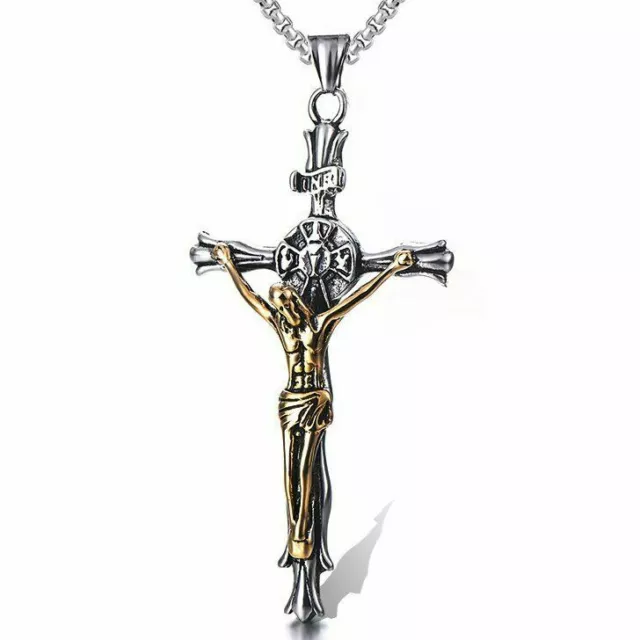 Mens Catholic Jesus Christ Crucifix Cross Necklace Pendant Gold Silver Gift