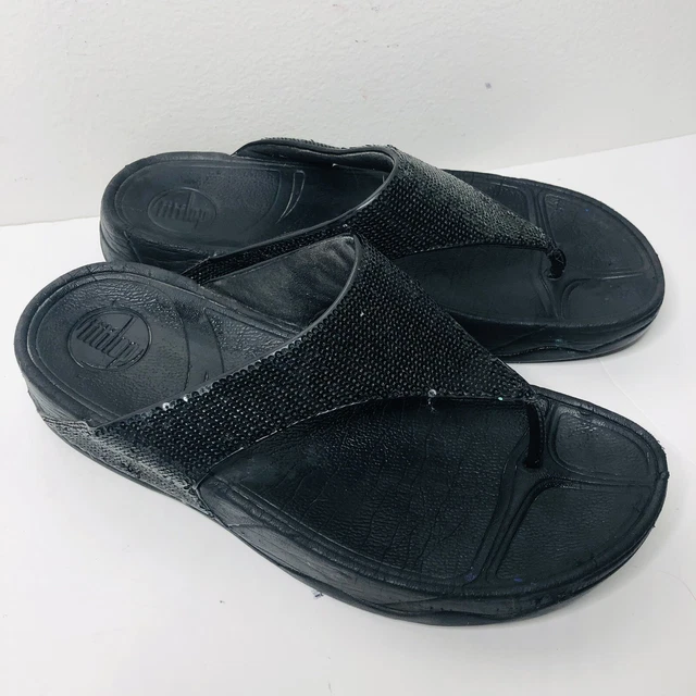 FITFLOP "ELECTRA" Women's 8 Black Sequin Flip Flops Thong Wedge Sandal