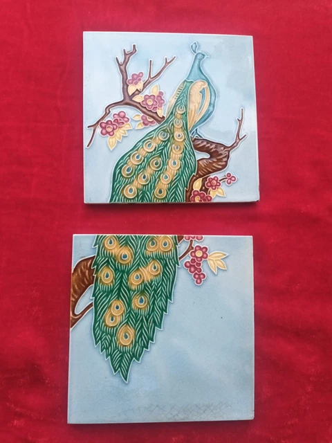 1 Piece Set  Peacock Design Old Art Deco Majolica Ceramic Tiles Japan 0317 4
