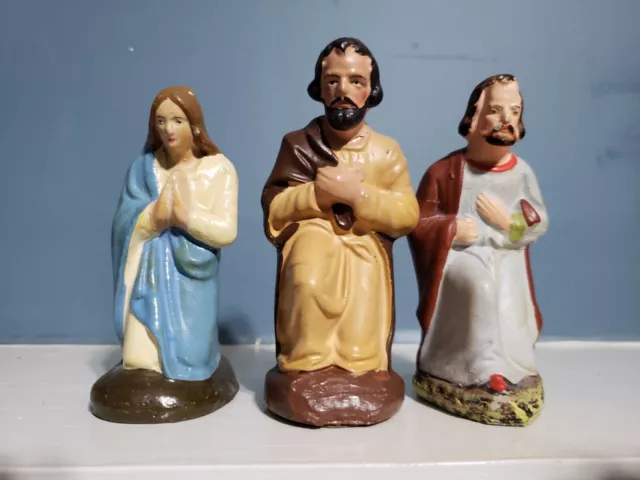 Lot 3 German Antique Nativity Figures Mary Joseph 4” Kneeling Germany Xmas Putz 2