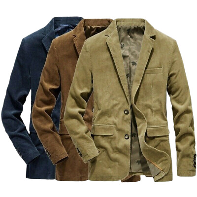 Mens Coat Corduroy Suit Jacket Smart Casual Notch Lapel Cord Blazer Vintage