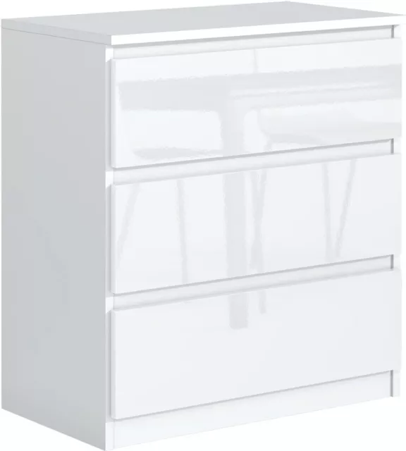 Commode Blanche Brillante avec 3 tiroirs 70 cm, Meuble Rangement Chambre Adulte