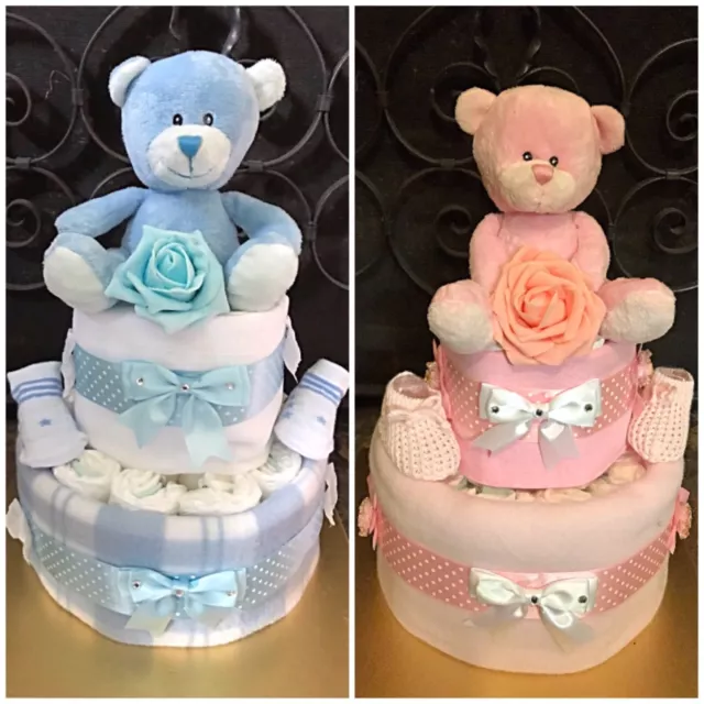 Pretty Two 2 Tier Nappy Cake With Teddy Baby Girl Boy Baby Shower Newborn Gift