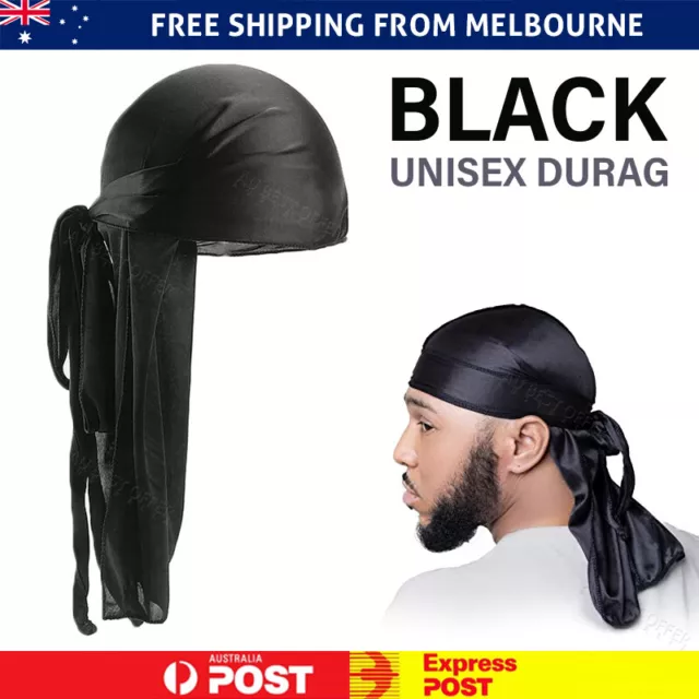 AU Unisex Men Women Bandana Doo Durag Headwear Soft Silk Pirate Cap Wrap Black