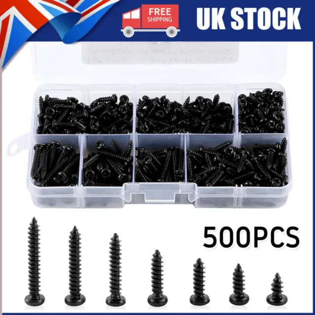 500pcs Self Tapping Screws M3 Black Cross Recessed Round Head Steel Assorted✳