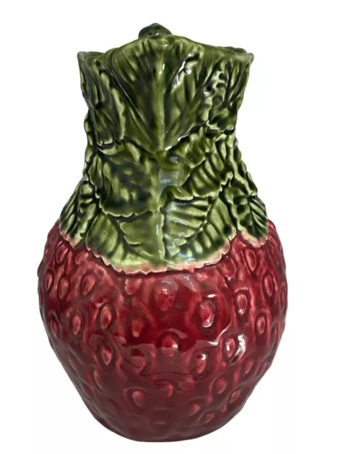 Olfaire Strawberry Majolica Pitcher Daisy Handle Made In Portugal  9 1/2" Tall 3