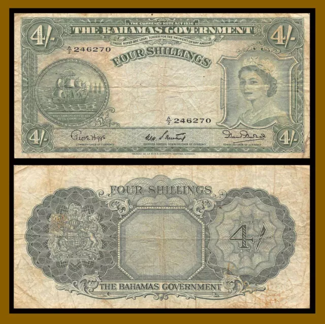 Bahamas 4 Shillings, 1953 P-13b Queen Elizabeth II Circulated (Cir)