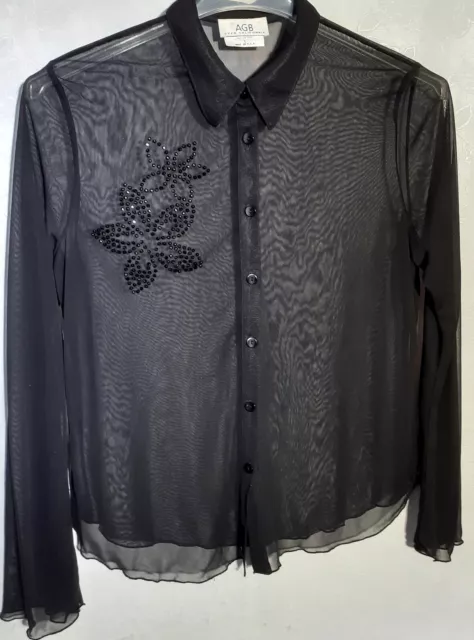 AGB Womens Black Sheer Beaded Top Long Sleeve Size L # 1391