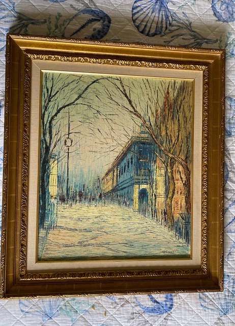 Original Vintage Oil Painting on canvas 32”x 28” Outside Measure 1982 City Scene
