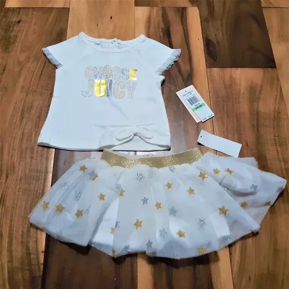 Juicy Couture NWT Infant Girl 18M Tutu Outfit Top White Gold Silver Metallic