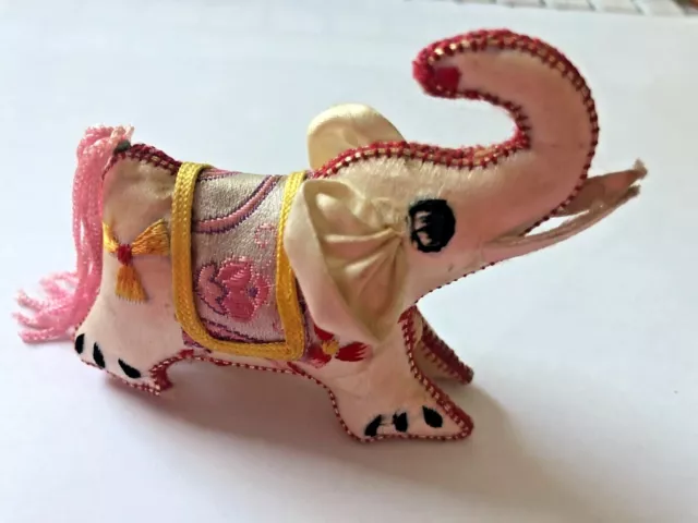 Vtg White Silk Embroidered Satin Stuffed ELEPHANT Mini FIGURINE Ornament 3"