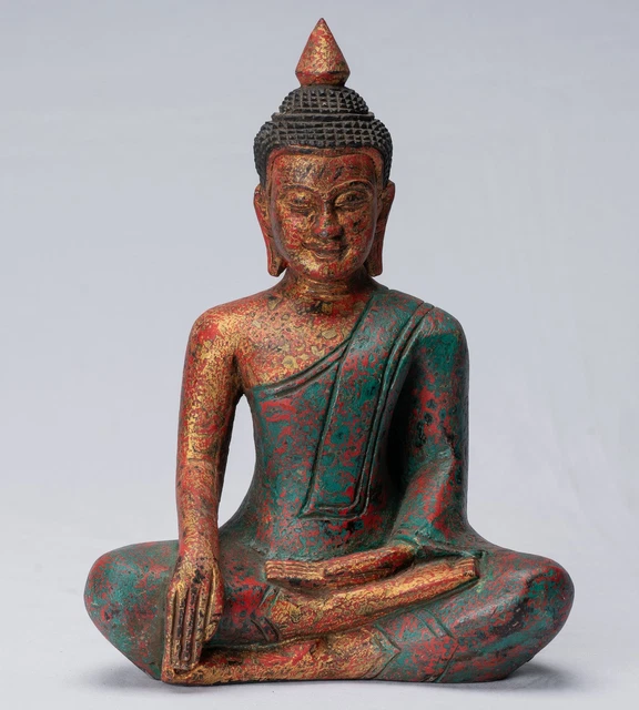 Antique Khmer Style SE Asia Seated Wood Enlightenment Buddha Statue - 27cm/11"