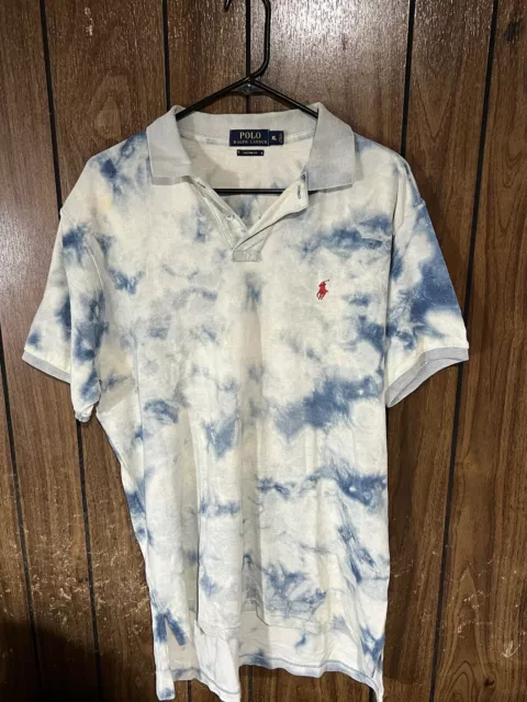 polo ralph Lauren men’s Shirt White Blue Xl Custom Fit Tie Dye Clouds Slim