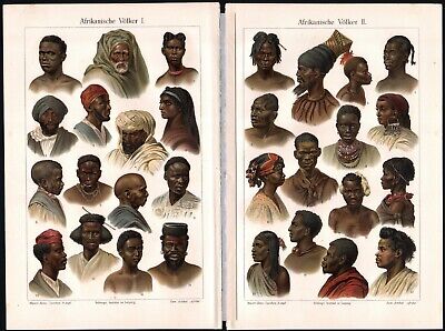 African Peoples I & II 1909 Chromolithographs Meyers 2 Plates With Name Overlay
