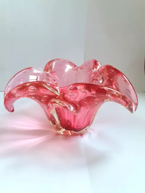 Murano Pink Bullicante Bubble Flower Shaped Bowl Vase Mcm Art Glass blown