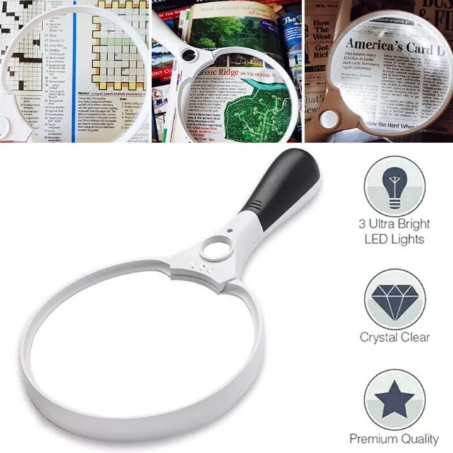 Zoom Hand Held Lightweight Magnifying Glass Large Loupe 3 Bright LED Magnifier