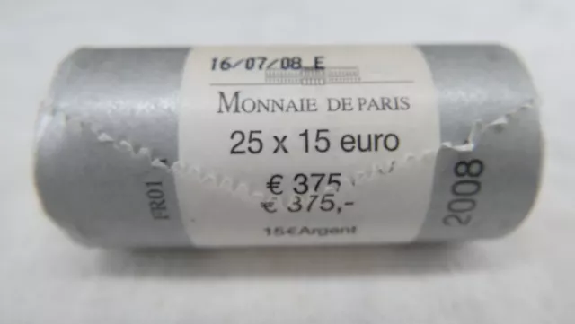 Rouleau Neuf 25 Pieces Argent 15 Euros Semeuse 2008