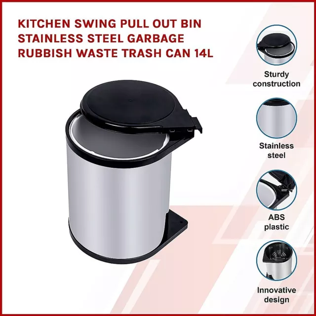 Kitchen Swing Pull Out Bin Stainless Steel Garbage Rubbish Waste Trash Can 14L 2