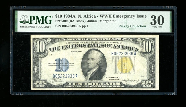 DBR 1934-A $10 North Africa Silver Fr. 2309 PMG 30 Serial B05223936A