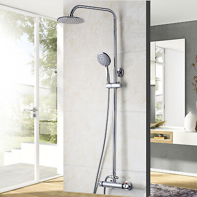 Silver Thermostatic Shower Faucet System Rain Head 2-Way Mixer Valve Hand Spray