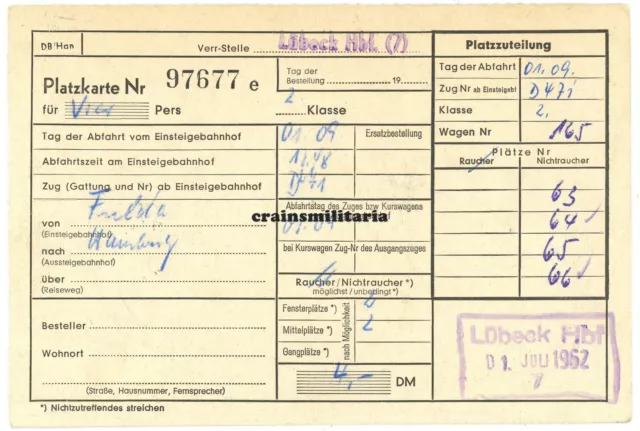 Orig. DB Fahrschein Fahrkarte Platzkarte Lübeck Fulda Hamburg für Zug D471 1962