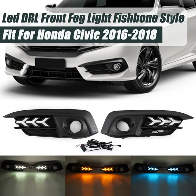 For 2016-2018 Honda Civic LED DRL Daytime Running Light Fog Lamp w/ Turn Signal