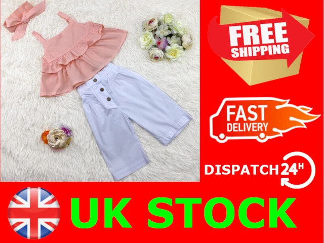 Toddlers Girls Kids Ruffle Summer Tops Long Pants Cute Set Outfit Clothes Pink