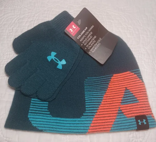 New Under Armour Cold Gear Youth Medium Beanie With Gloves Ages 4-6