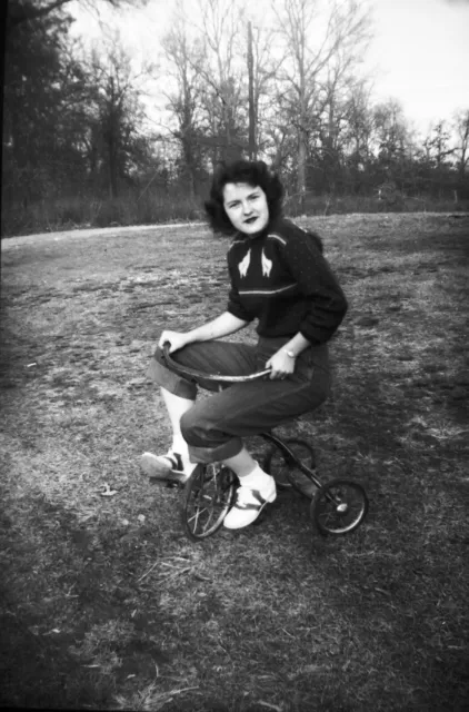 Vintage 1949 Photo Negative of Pretty Woman Riding Tricycle Wearing Saddle Shoes