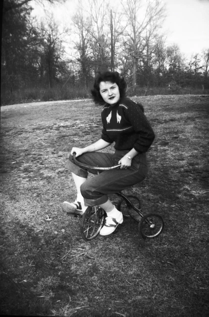 Vintage 1949 Photo Negative of Pretty Woman Riding Tricycle Wearing Saddle Shoes