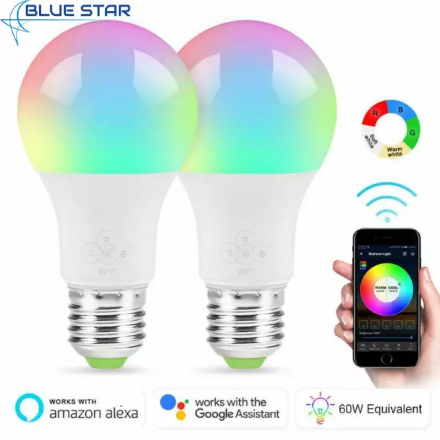 2x Wifi Smart Multi-Color LED Light Bulb RGBW For Alexa/Google Home App Control