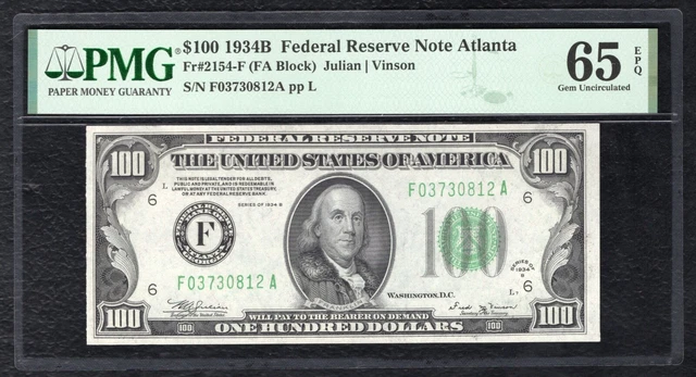 Fr. 2154-F 1934-B $100 Frn Federal Reserve Note Atlanta, Ga Pmg Gem Unc-65Epq