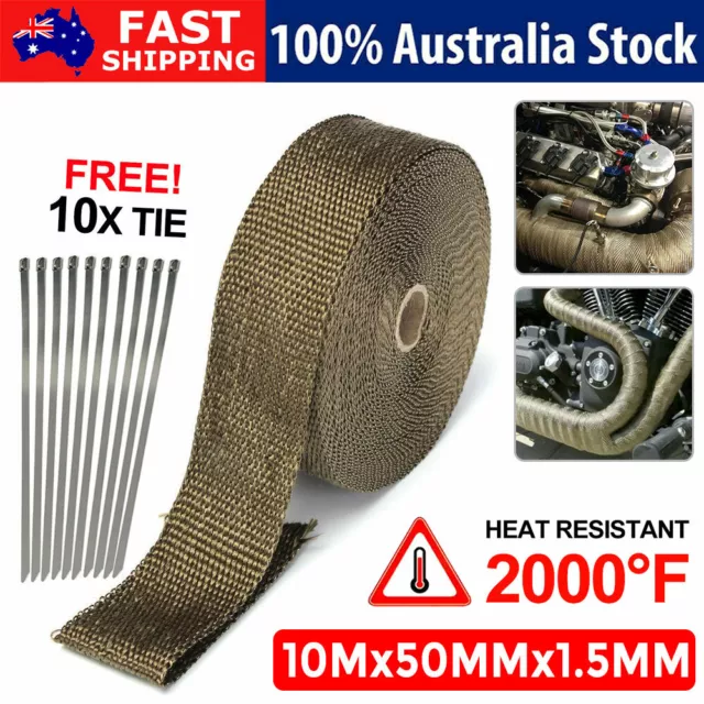 Titanium Gold Heat Exhaust Wrap Manifold 10M x 50mm W/ 10x Stainless Cable Ties