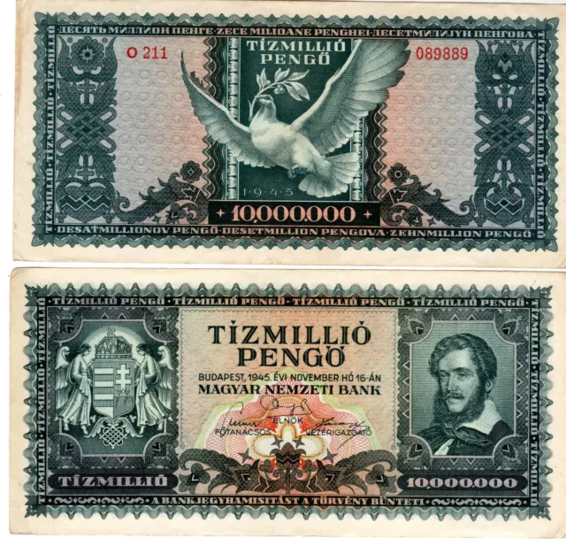 HONGRIE HUNGARY Billet 10 Million 10000000 PENGO 1945 P123 WWII COLOMBE LA PAIX