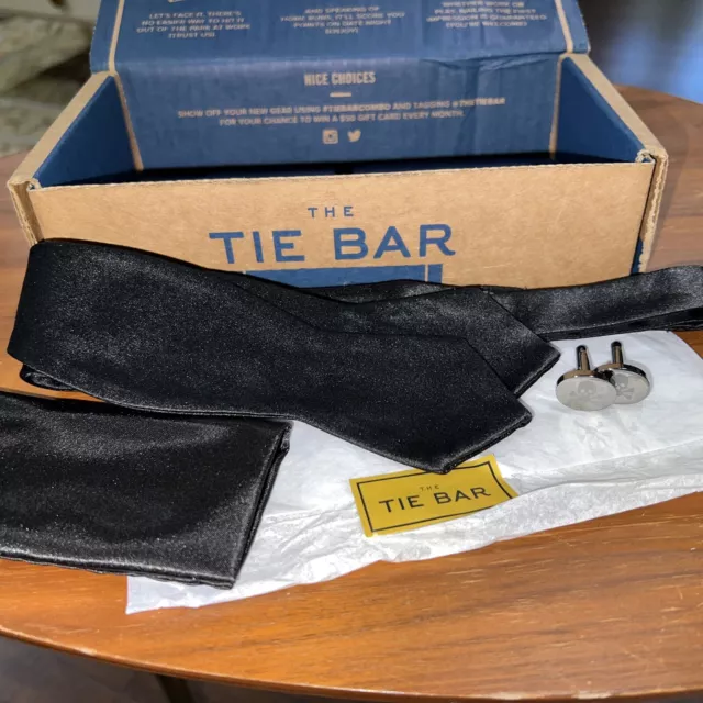 The Tie Bar: Black Bow Tie , Hanky Skull Cufflinks