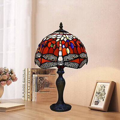 Dragonfly Red Tiffany Style Table Lamp Handcrafted 10" Stained Glass shade UK