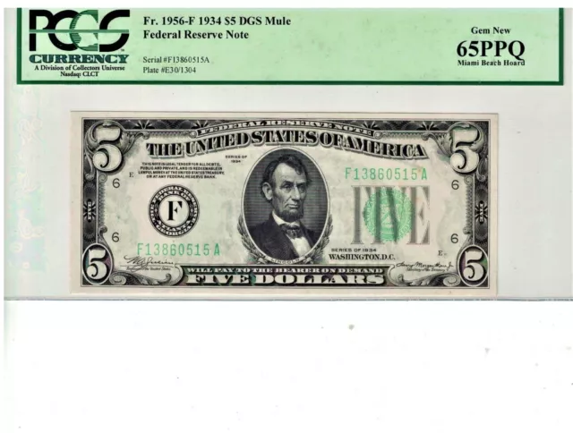 1934  $5 Federal Reserve Note PCGS 65 PPQ Miami Beach Hoard