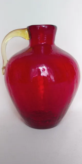Vintage 1960's * Ruby Red Crackle Glass  6.5" Blown Jug Vase Pitcher Pilgrim Co.