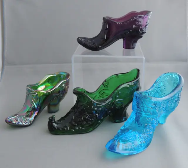 MOSSER Glass Shoe/Embossed roses, elf toe, carnival glass, bow & scroll +UNKNOWN