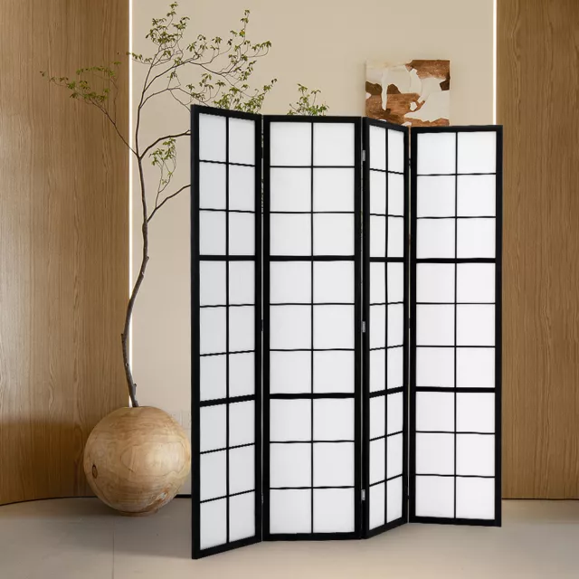 Tokyo Japanese Folding Room Divider Privacy Screen Wooden Black Frame 4 Panels