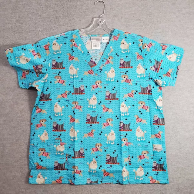 UA Scrubs Women Scrub Top XL Blue Dog Bones Allover Print Short Sleeve V Neck